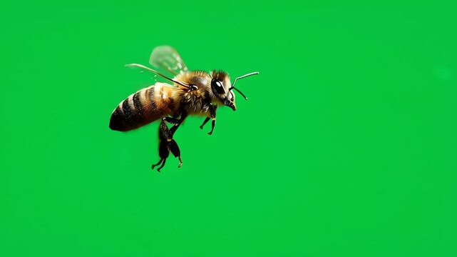 Flying Honey Bee on Green Screen Macro Close-Up Apis Mellifera