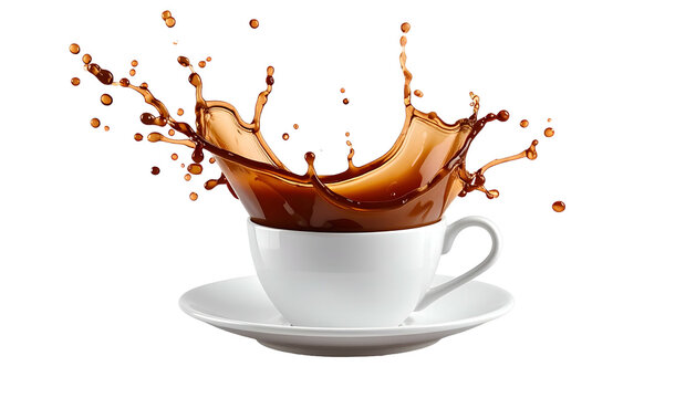 A ceramic cup with overflowing beverage, creating a dynamic splash against a black backdrop