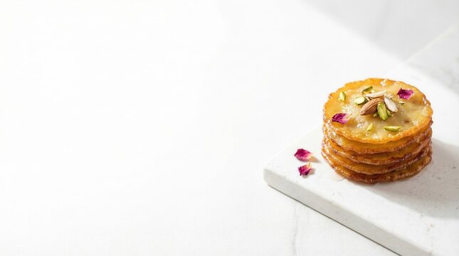 Indian sweet malpua dessert stack with nuts