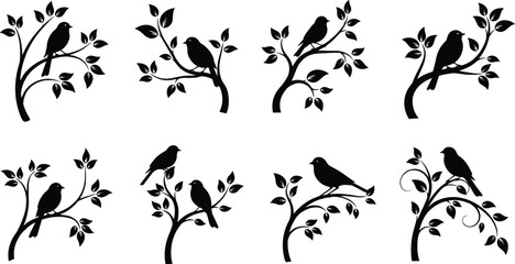 Set of black bird silhouettes perched on leafy tree branches, decorative nature clipart collection isolated on white background vector illustration