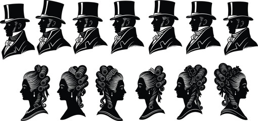 Vintage Victorian silhouette portraits of elegant men and women in hats and hairstyles, classic retro engraving style vector illustration set © Nayan