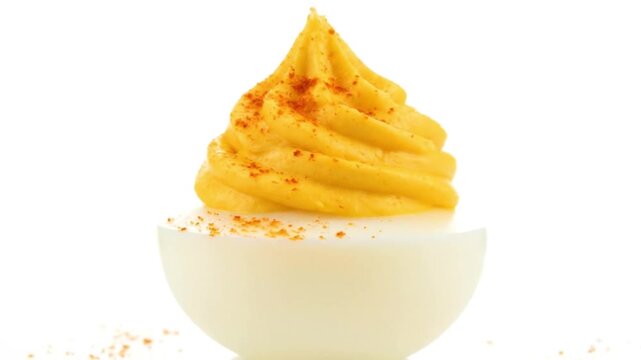 Delicious deviled egg with paprika garnish on white background