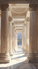 Corridor of marble columns and decorated ceiling, view to bright landscape