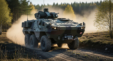 Fototapeta premium Military Armored Vehicle Driving on Dirt Road in Forest