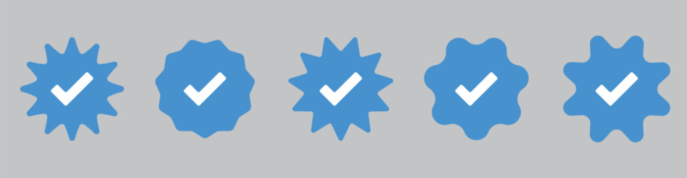 social media check mark set. approved profile sign. black, gold and blue tick in circles and rounded corner star. blue check mark icon tick symbol verification sign