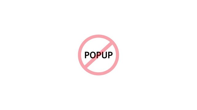 Minimal white background with pink prohibition symbol over the word popup, representing blocked pop-up ads or no popups policy, simple flat design.