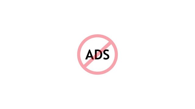 Minimal white background with a red prohibition sign over the word ads, symbolizing ad blocking, no advertising, or stop ads concept.