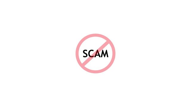 Minimal white background with the word "scam" in black, surrounded by a red partial circular loading-style ring, concept warning of fraud or online scam.