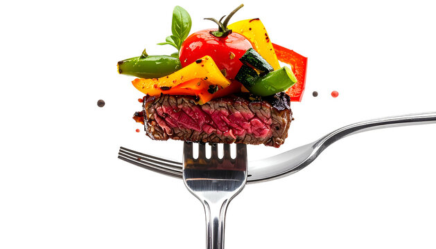 A thick, juicy steak impaled on a fork, topped with colorful, grilled vegetables