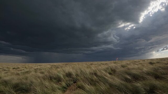 Stormy Skies over Grassy Field: A vast expanse of grasslands stretches beneath a dramatic, stormy sky, where dark clouds unleash a torrent of rain, painting a powerful portrait of nature's raw energy.