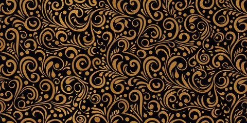 Intricate golden floral pattern on a dark black background detailed design © Bebdas