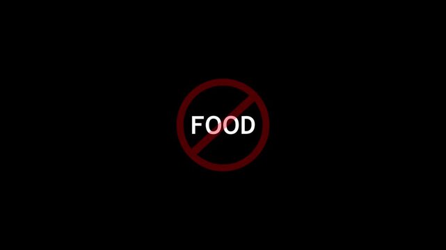 Red prohibition sign over the word food on dark background, symbolizing no food or fasting restriction, minimalist warning icon.