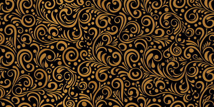 Intricate golden floral pattern on a dark black background detailed design