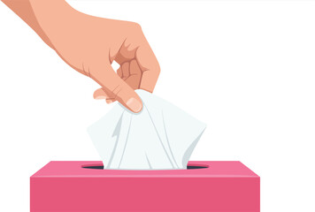 Hand pulling white tissue from pink box illustration representing hygiene and healthcare daily routine