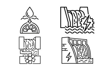 Hydroelectric Power and Renewable Water Energy Infrastructure Icons Set