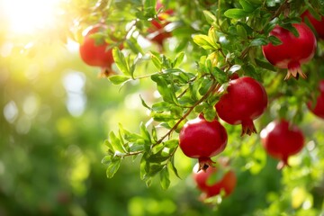 Sunlit Garden with Ripe Pomegranate Fruits Hanging from Green Branches