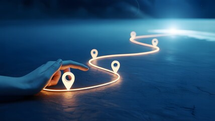 Obraz premium Hand Following Neon Path with Map Location Pins for Business Growth and Customer Journey Concept