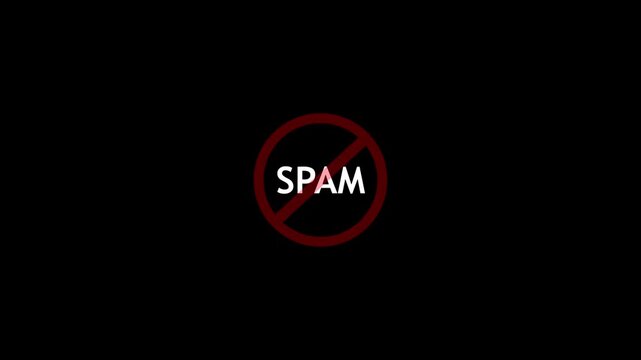 Red prohibition sign over the word spam on a black background, symbolizing anti-spam protection and blocking unwanted email or messages.