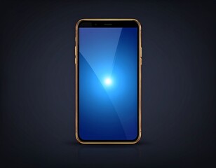 A frontal illustration of a shiny golden smartphone, on a dark gradient background with screen displaying a bright blue gradient