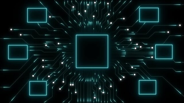 Abstract neon circuit board illustration with central glowing processor chip connected to multiple nodes on dark background, futuristic technology and network concept.