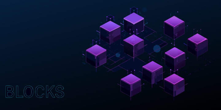 Isometric purple blocks connected by lines on a dark blue background