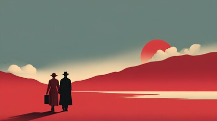 Silhouette Stroll: Two figures, shrouded in mystery, embark on a journey. Against a backdrop of a fiery sunset and rolling hills. The duo's silhouettes evoke intrigue and hint at a story untold. 