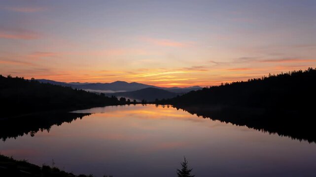 A breathtaking time-lapse video of a serene mountain lake at sunrise, transitioning from deep blue predawn twilight to vibrant hues, perfectly reflecting majestic hill silhouettes and rising mist.