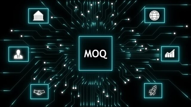 Futuristic digital network with glowing circuit lines from a central chip labeled moq, surrounded by business and tech icons: handshake, bank, globe, analytics, rocket, user
