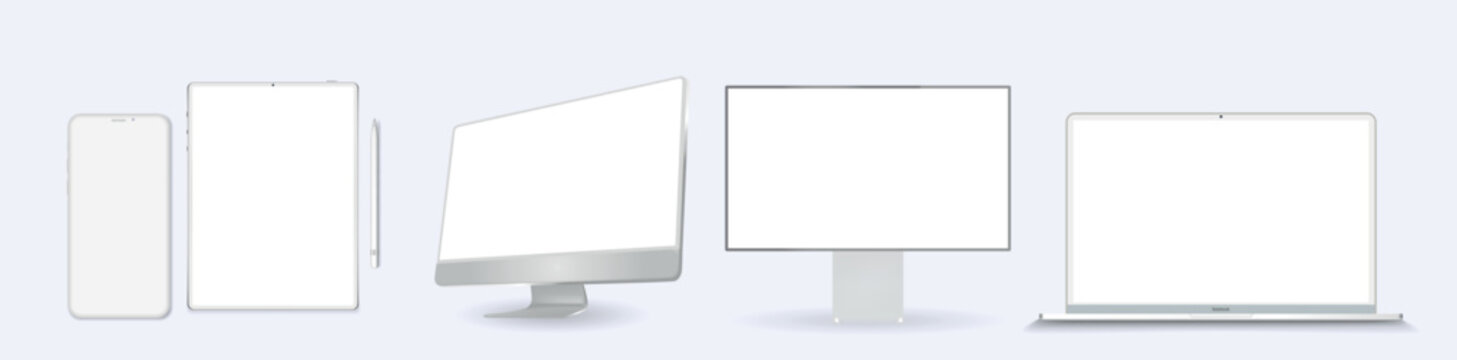 clay device set. White clay digital devices set, pc screen, laptop computer, tablet and smartphone