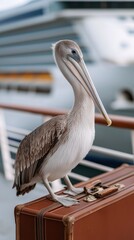 Fototapeta premium Pelican on suitcase by cruise ship