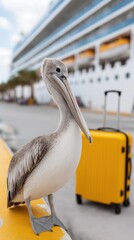 Fototapeta premium Pelican perched near cruise ship with yellow luggage at dockside