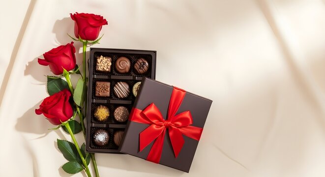 Luxurious dark chocolate assortment box with red ribbon and three vibrant red roses artfully arranged on a textured cream fabric with soft dappled sunlight evoking romance