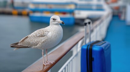 Seagull perched on ferry railing with blue suitcase in background at harbor