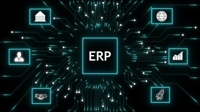 Glowing digital illustration of erp system hub with circuit lines connecting to icons for finance, hr, analytics, collaboration, global network and growth on dark tech background.