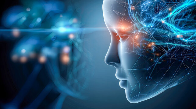 Menschliches Profil mit digitaler Schaltkreisstruktur als Visualisierung von k&uuml;nstlicher Intelligenz, neuronalen Netzwerken und moderner Technologie im Kontext von Innovation und Digitalisierung.