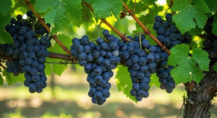 Naklejka premium Clusters of ripe purple wine grapes hanging heavily from the lush green vines, bathed in bright autumn sunlight, ready for the seasonal harvest ,green ,berry ,vine