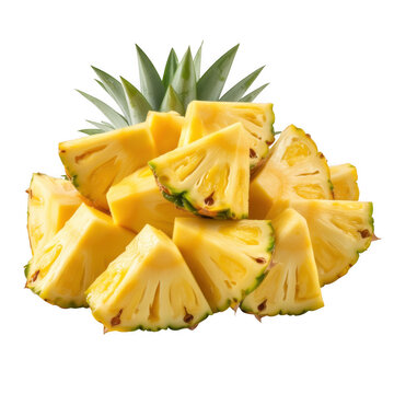 Sliced chunks of fresh pineapple on black fruit yellow isolated on a transparent background