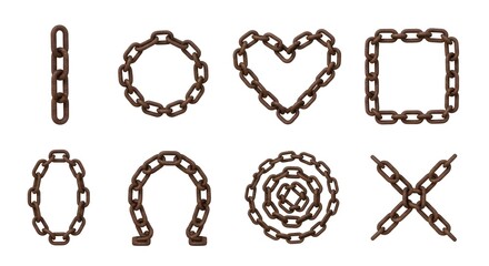 Brown rusty chains formed into various shapes including circles heart square cross and spiral brown chains