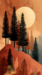 Red Pines Under Full Moon