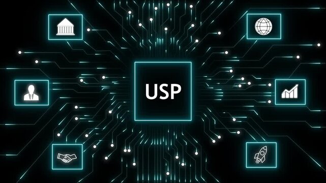 Futuristic digital illustration of a glowing microchip labeled usp with neon circuit lines linking icons for finance, users, partnership, web, analytics, startup and growth on a dark background