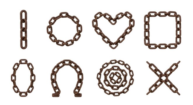 Brown rusty chains formed into various shapes including circles heart square cross and spiral brown chains