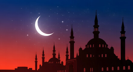 Fototapeta premium Moonlit skyline over a majestic mosque with minarets and dome at sunset