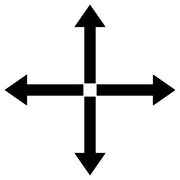 Simple direction arrow icon in black showing up down left right movement, clean flat vector symbol for navigation, control, interface design, and wayfinding use