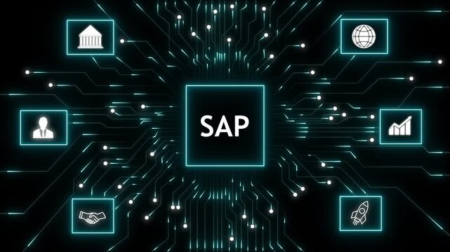 Futuristic technology illustration with central sap logo on glowing circuit board network, connected business icons for finance, analytics, cloud, partnership, growth and innovation on dark background