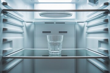 Single glass of water inside empty refrigerator. Food shortage and poverty