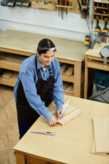 A skilled young woman joyfully crafts precise designs at a busy workshop, surrounded by tools.