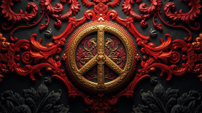 A vibrant and intricate design featuring a peace symbol surrounded by ornate red patterns