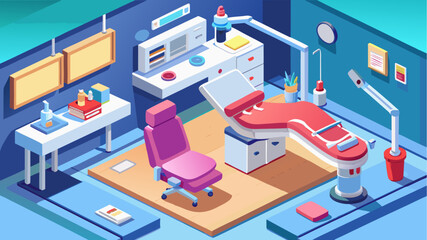 Obraz premium Modern dental clinic interior with adjustable dental chair, bright lighting, clean equipment and organized workspace in blue and red color scheme