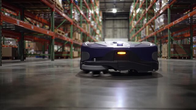 Autonomous scrubber robot navigates brightly lit warehouse aisles