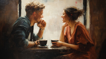 Shared Moments over Coffee: A tender scene unfolds as a couple, deeply engaged in conversation, shares a quiet moment together, savouring the rich aroma of coffee